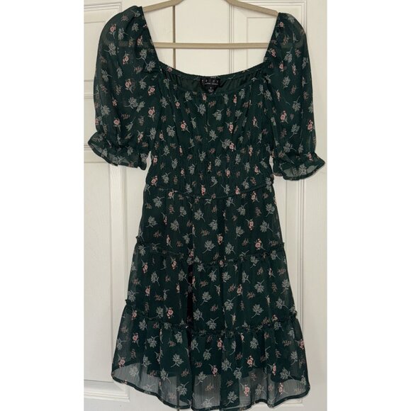 Trixxi Green Floral Babydoll Milkmaid Mini Dress Size Small Forest Fairy - Picture 1 of 10